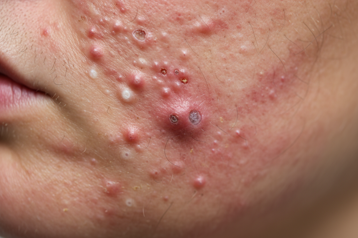 close up of really bad acne
